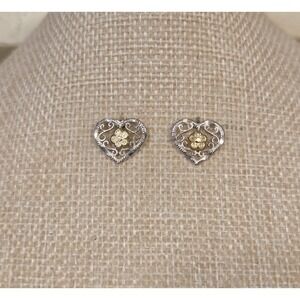 Vintage Sterling Silver Filigree Heart Stud Earrings With 10k Gold Flowers